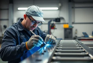 Alufelge Kratzer Reparatur München: Mechaniker repariert mit Präzision einen Kratzer auf einer glänzenden Alufelge.