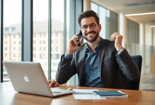 Headhunter Nürnberg am Schreibtisch im Gespräch mit einem Kunden am Telefon.
