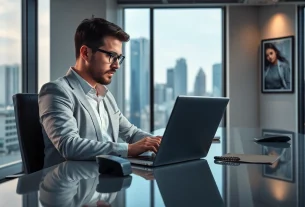 Headhunter Vertrieb: Professioneller Headhunter arbeitet an einem Laptop in modernem Büro.