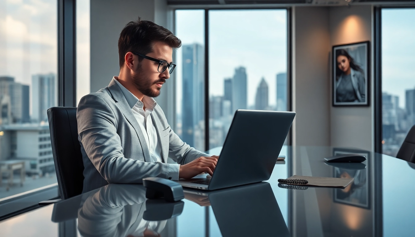 Headhunter Vertrieb: Professioneller Headhunter arbeitet an einem Laptop in modernem Büro.