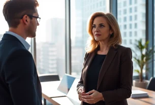 Headhunter engaging in a professional conversation in an office setting.