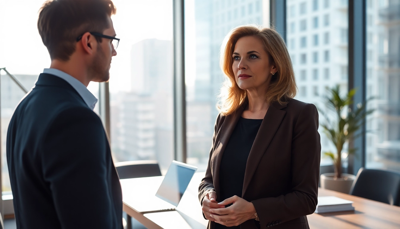 Headhunter engaging in a professional conversation in an office setting.