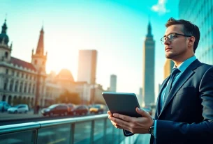 Headhunter Wiesbaden in professional attire exploring opportunities in an urban setting.