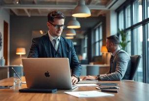 Headhunter Hannover zeigt einen professionellen Recruiter im Büro, der digitale Tools nutzt.