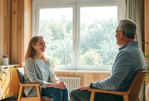 Coaching in Lebenskrisen: Unterstützung in einem beruhigenden Raum durch einen einladenden Dialog.