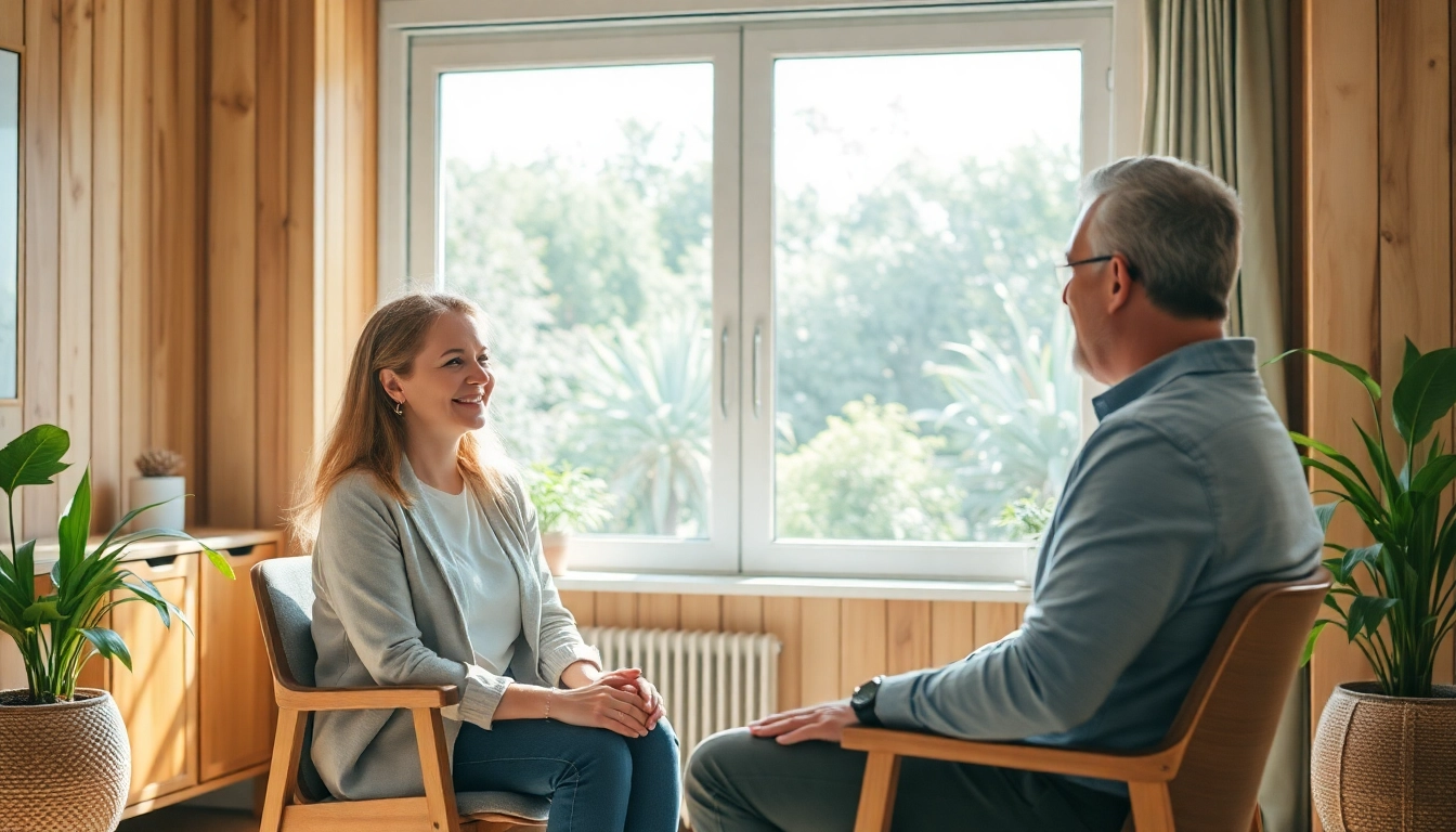 Coaching in Lebenskrisen: Unterstützung in einem beruhigenden Raum durch einen einladenden Dialog.