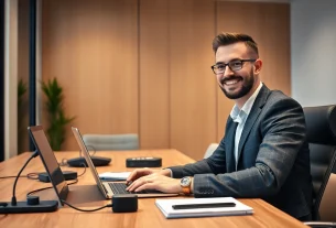 Headhunter IT bei der Arbeit mit einem Laptop in einem modernen Büro.