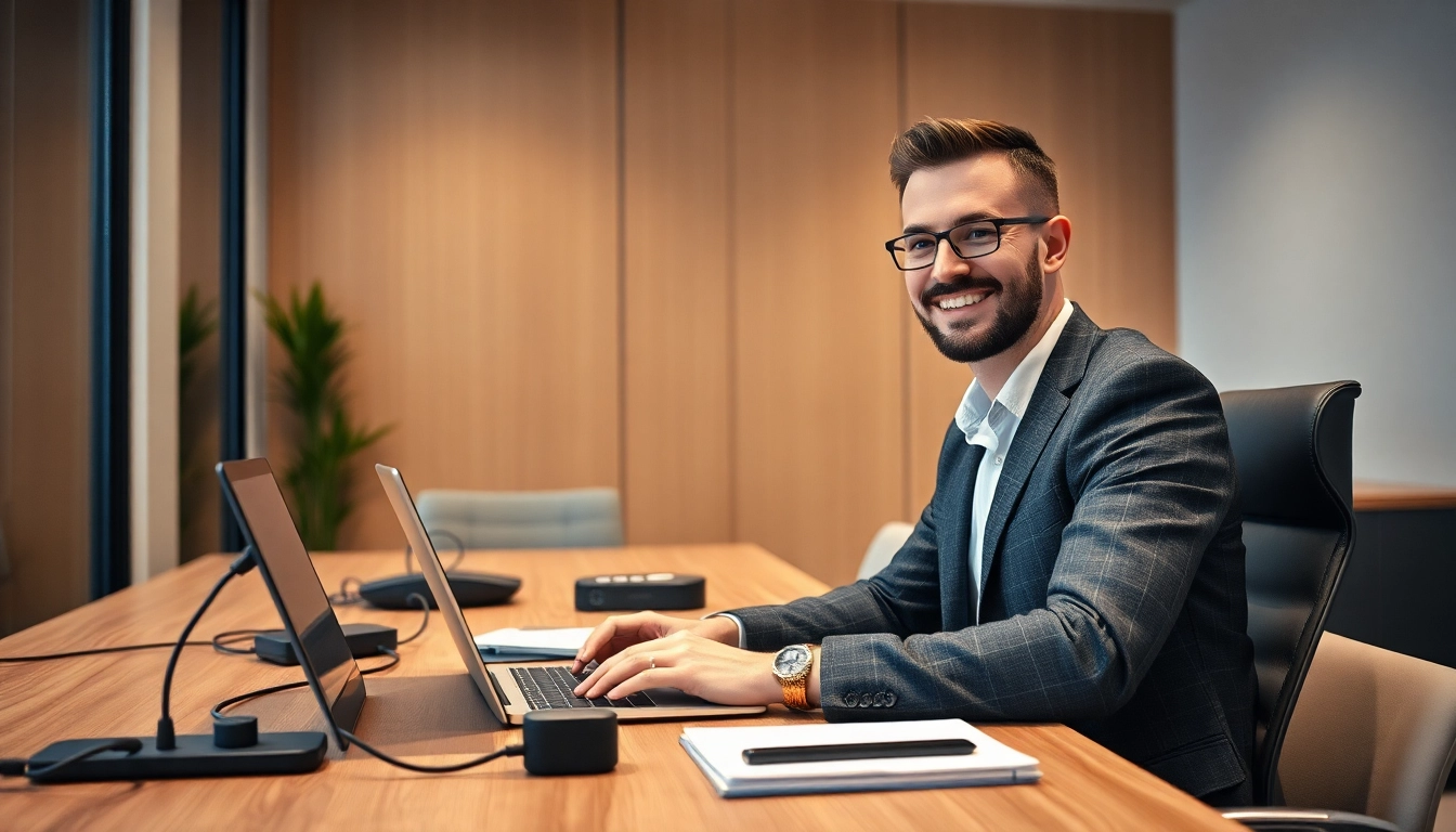 Headhunter IT bei der Arbeit mit einem Laptop in einem modernen Büro.