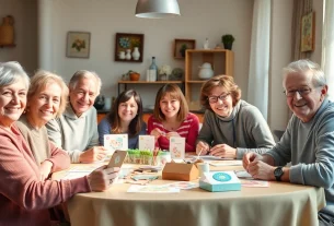 Grusskarten Gestalten in der Schweiz in einer kreativen Umgebung mit fröhlichen Menschen, die Bastelmaterialien nutzen.