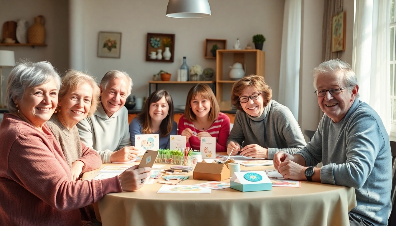 Grusskarten Gestalten in der Schweiz in einer kreativen Umgebung mit fröhlichen Menschen, die Bastelmaterialien nutzen.