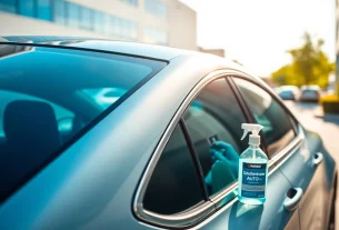 Reinigende Wirkung von Scheibenreiniger Auto auf einem modernen, glänzenden Auto mit klaren Fenstern.