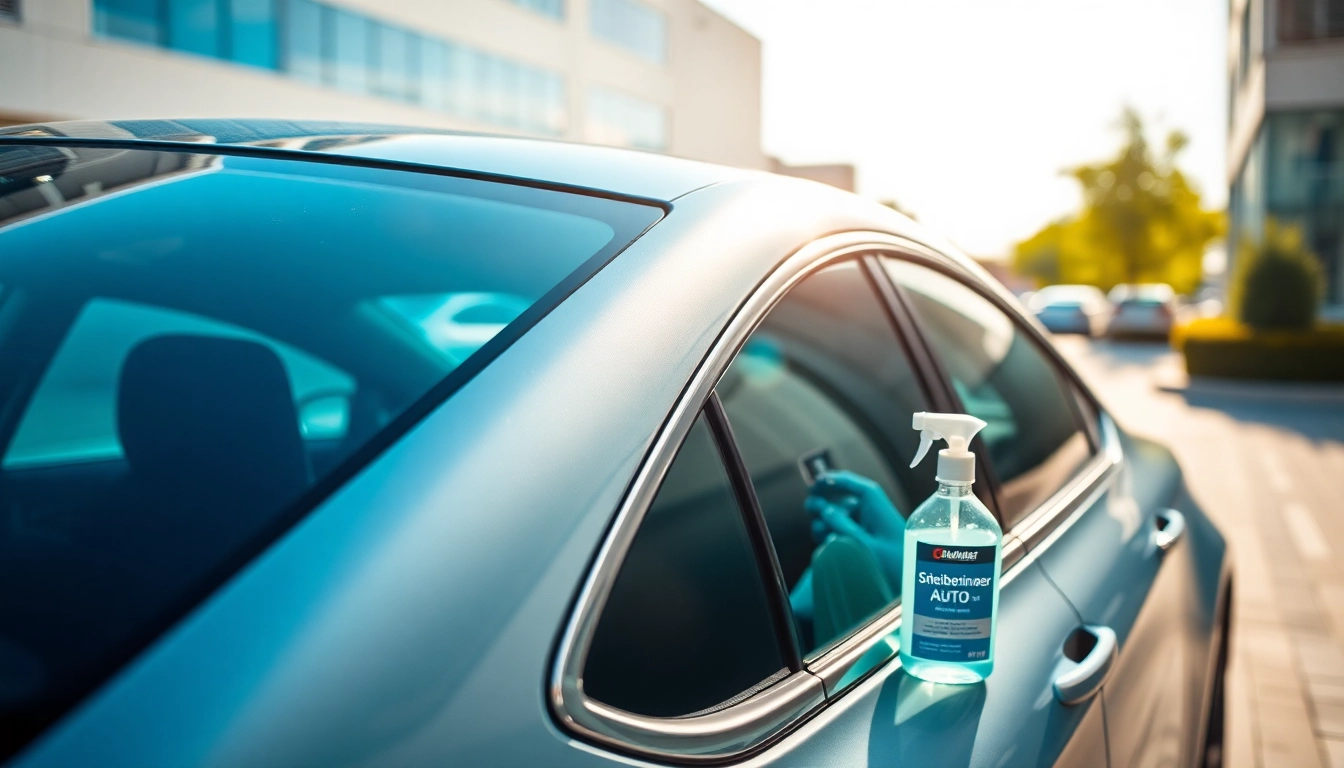 Reinigende Wirkung von Scheibenreiniger Auto auf einem modernen, glänzenden Auto mit klaren Fenstern.