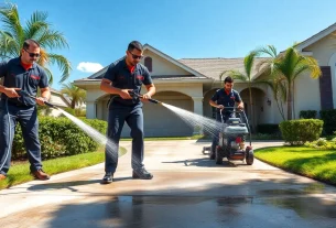 Driveway pressure wash by professionals revitalizing a residential concrete driveway in Kissimmee, FL.
