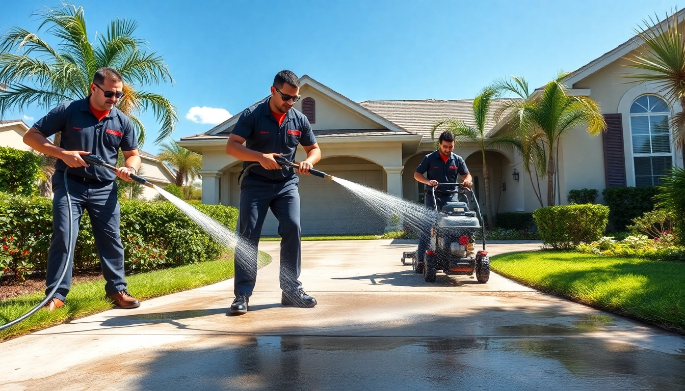Driveway pressure wash by professionals revitalizing a residential concrete driveway in Kissimmee, FL.