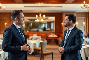 Headhunter Gastronomie berät einen Klienten in einem eleganten Restaurant mit warmem Ambiente.