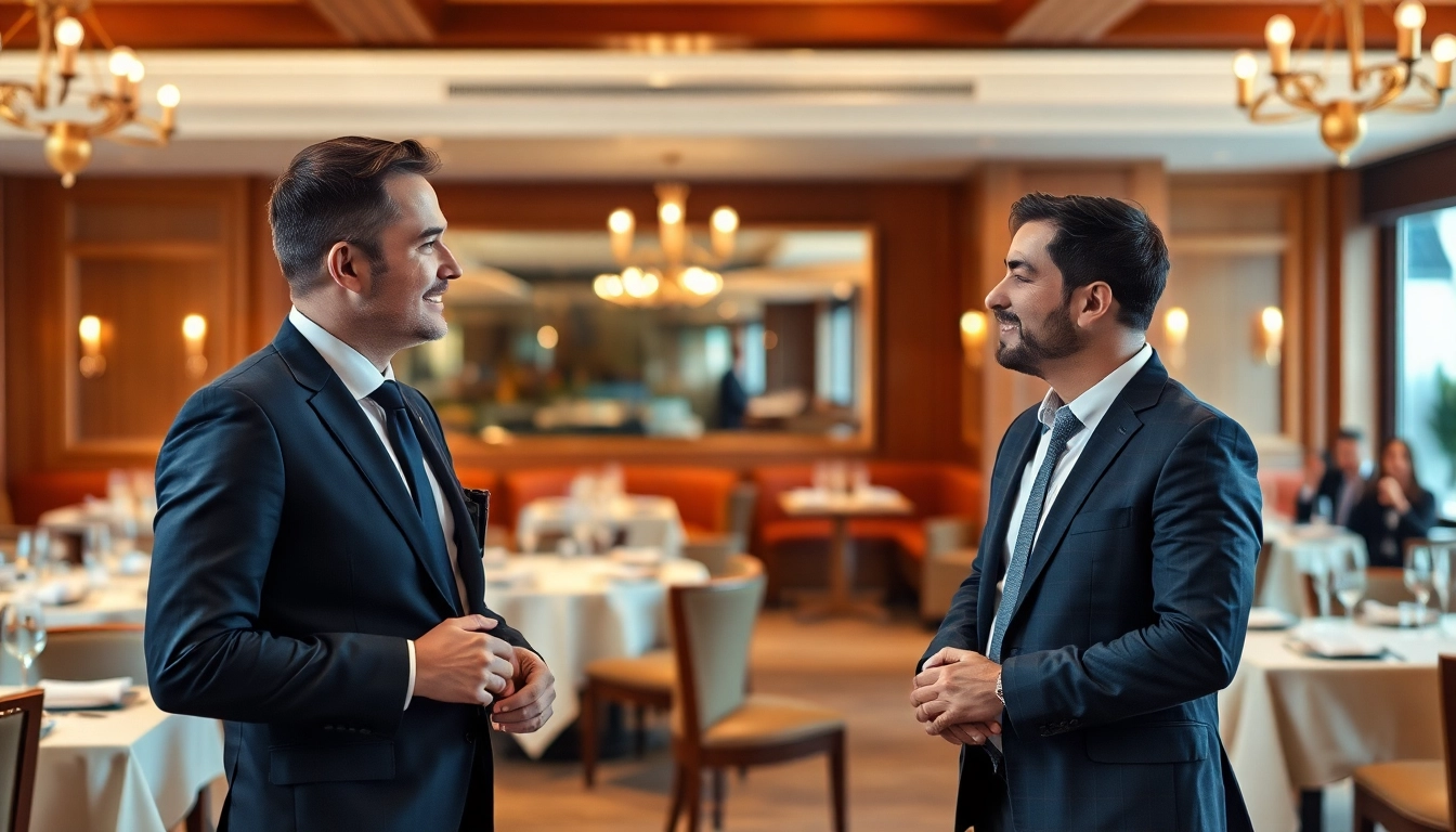 Headhunter Gastronomie berät einen Klienten in einem eleganten Restaurant mit warmem Ambiente.