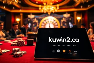Engage in thrilling poker with kuwin2.co amidst a vibrant casino atmosphere.