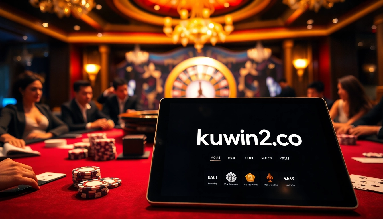 Engage in thrilling poker with kuwin2.co amidst a vibrant casino atmosphere.