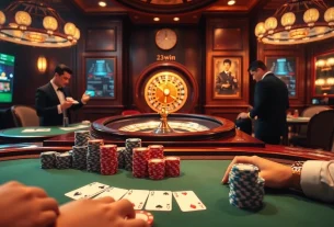 Experience the thrill of high-stakes gambling at 23win with luxurious poker tables and vibrant betting chips.