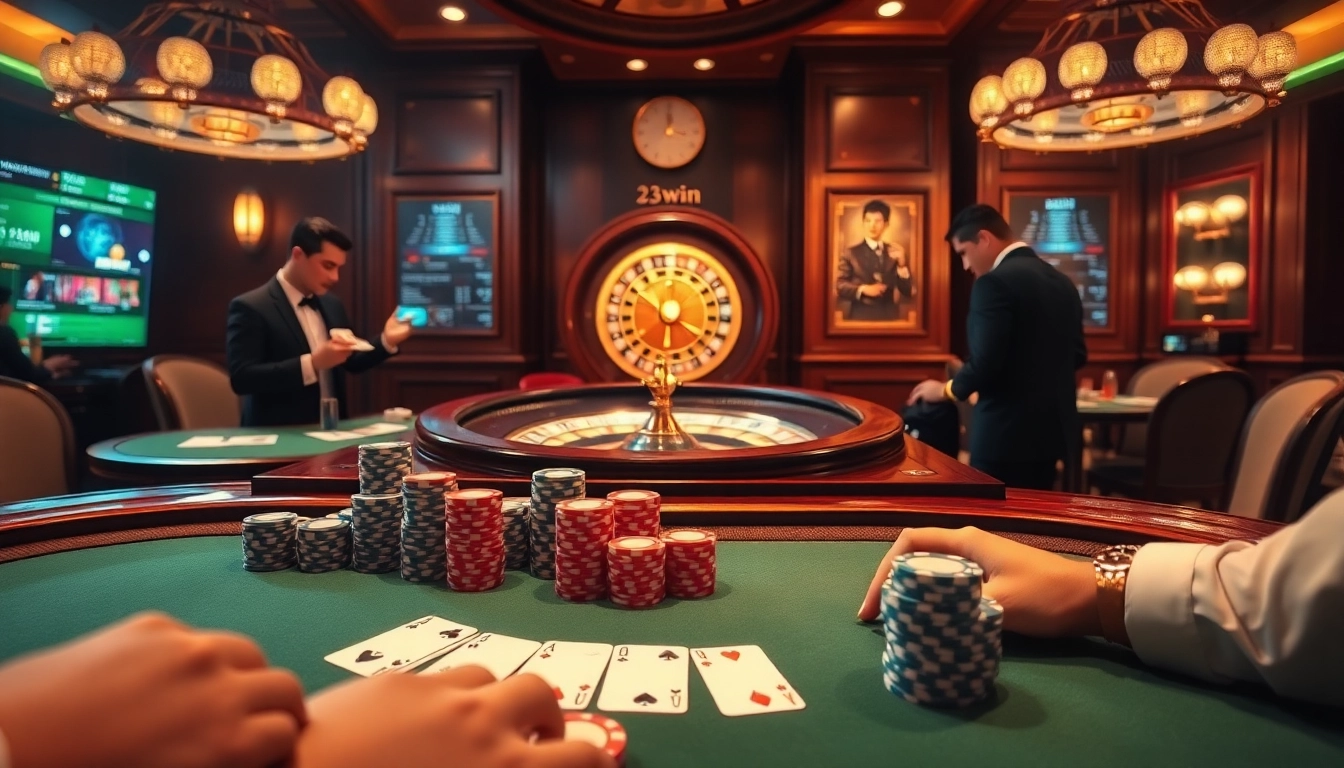 Experience the thrill of high-stakes gambling at 23win with luxurious poker tables and vibrant betting chips.