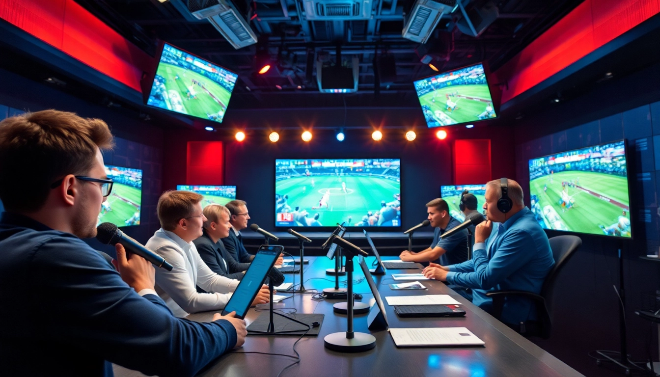 Engaging scene of sports broadcasting with diverse hosts and advanced technology.
