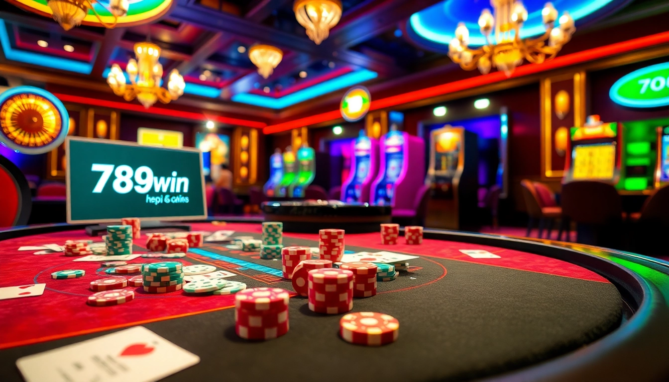 Online casino gaming scene highlighting 789win lừa đảo with poker chips and cards.