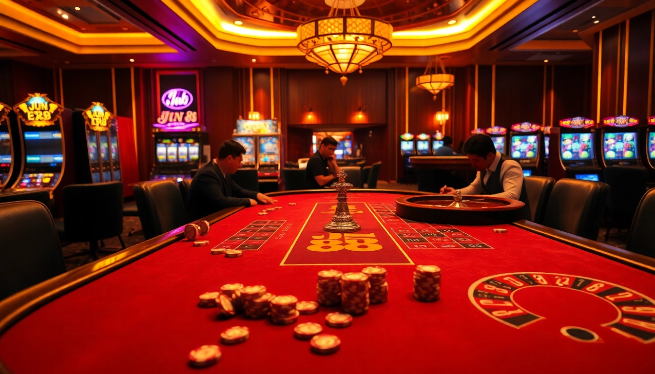 Engage in the thrilling poker game at Jun 88 casino with luxurious tables and vibrant atmosphere.