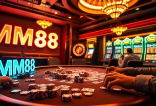 High-stakes poker action at a luxurious MM88 casino table filled with chips and cards.
