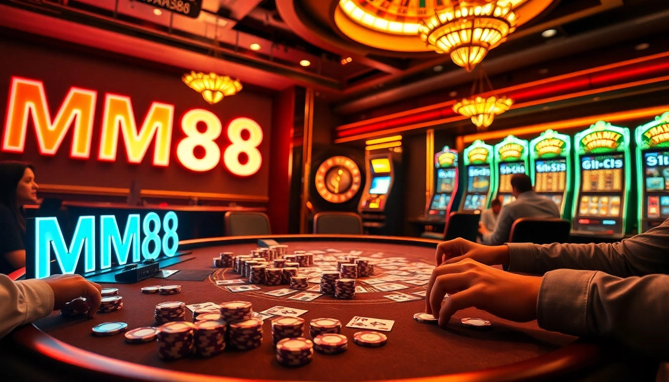 High-stakes poker action at a luxurious MM88 casino table filled with chips and cards.