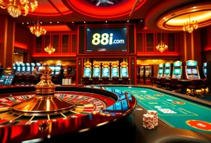 Experience thrilling gameplay at 88i com with vibrant casino elements like poker tables and roulette wheels.