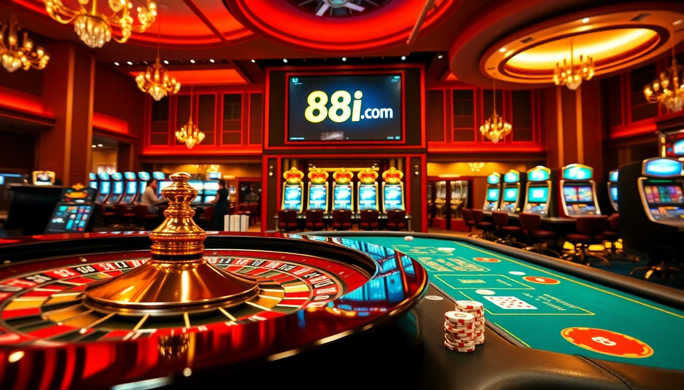 Experience thrilling gameplay at 88i com with vibrant casino elements like poker tables and roulette wheels.
