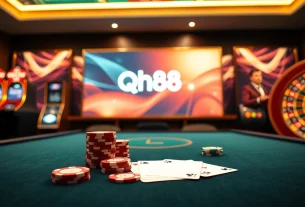 Experience intense gaming action at QH88's online casino with professional poker tables and vibrant slot machines.