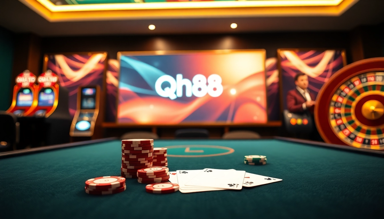 Experience intense gaming action at QH88's online casino with professional poker tables and vibrant slot machines.