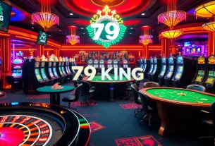 Gamblers enjoying a thrilling night at 79KING casino with vibrant slot machines and poker tables.