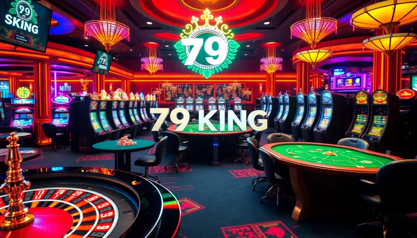 Gamblers enjoying a thrilling night at 79KING casino with vibrant slot machines and poker tables.