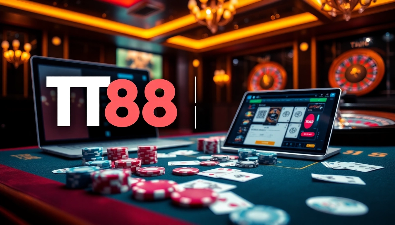 Experience the excitement of TT88 with vibrant roulette wheels and poker chips.