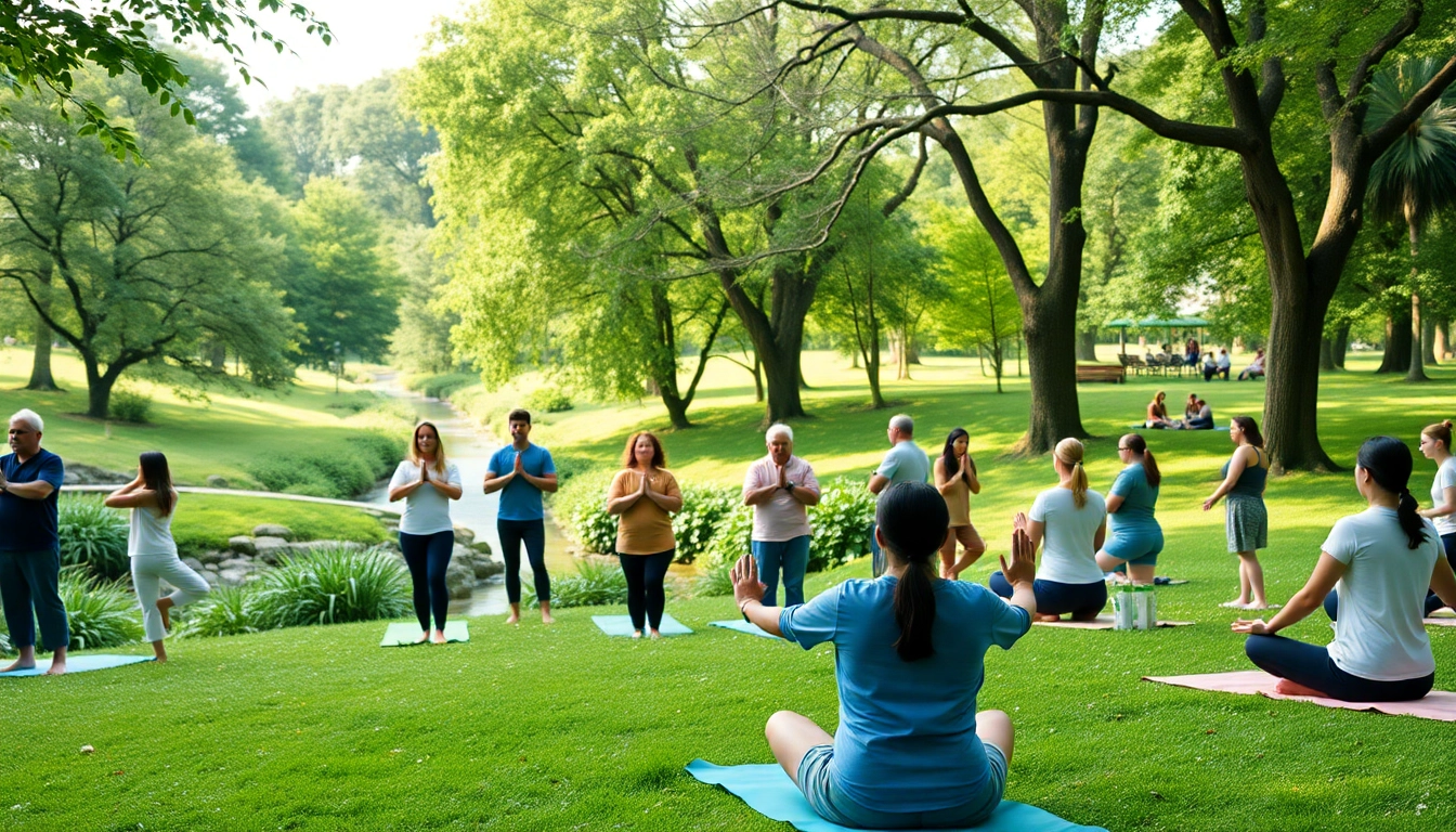 Enhance emotional wellbeing through mindfulness activities in a tranquil park setting.