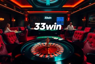 Players betting at a high-stakes poker table in the luxurious 33win casino scene.