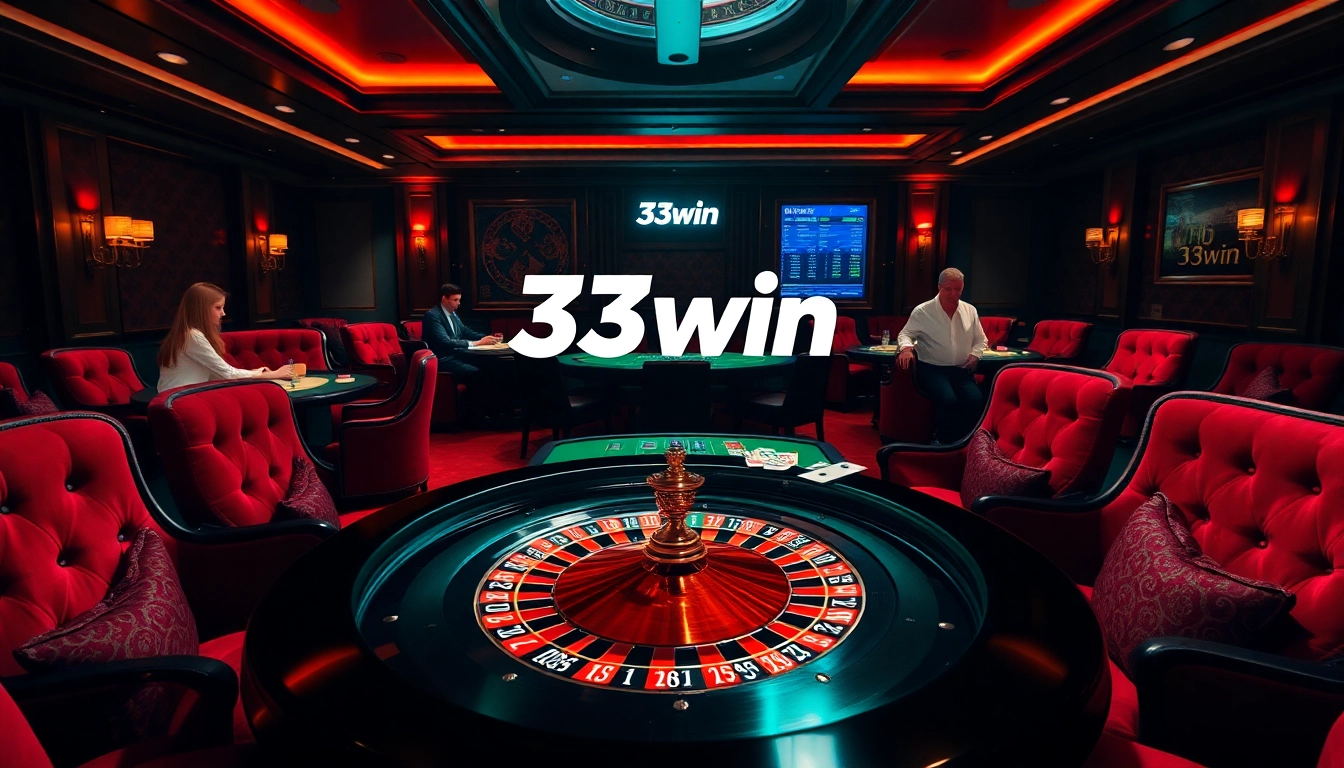Players betting at a high-stakes poker table in the luxurious 33win casino scene.