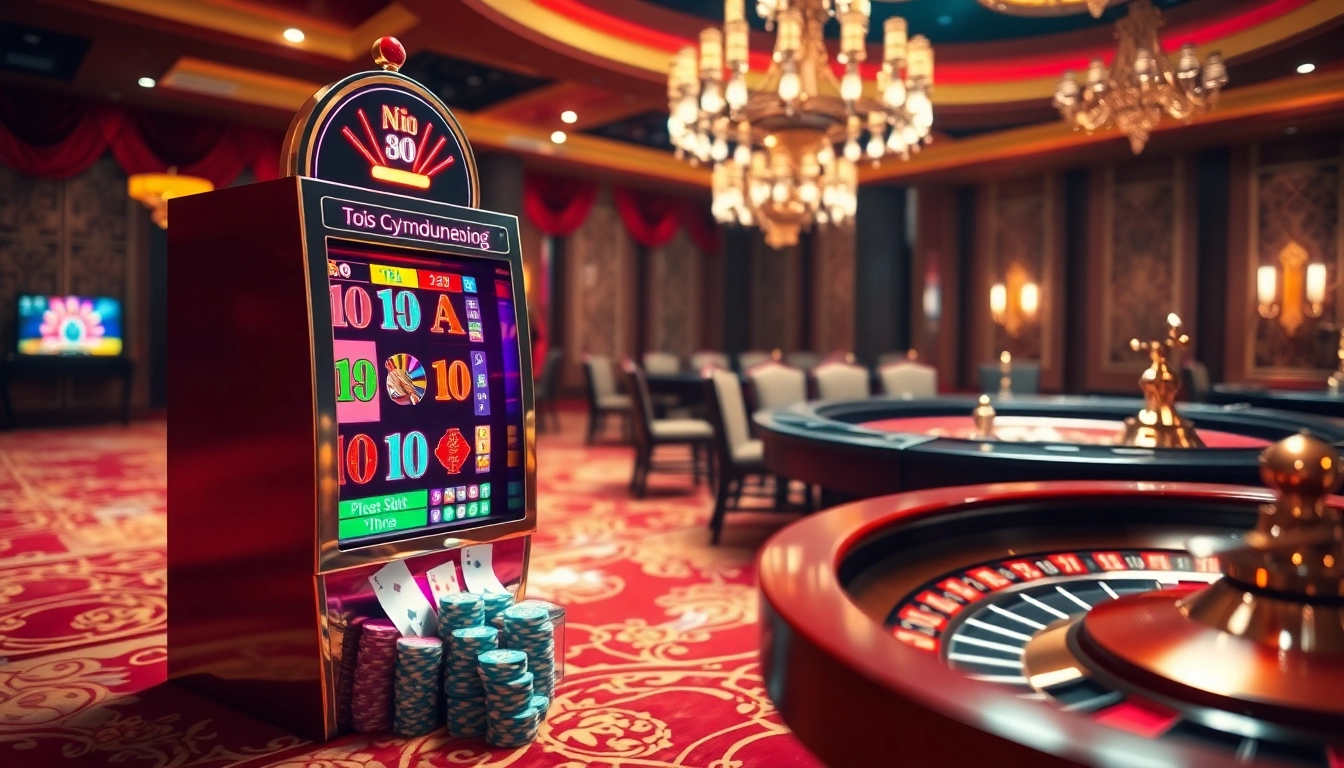 Engage in exciting nổ hũ gameplay at a luxurious casino featuring vibrant slot machines and roulette.