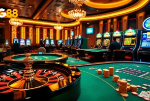 Exciting casino gaming scene with GG 88 branding, featuring roulette, poker, and vibrant slot machines.