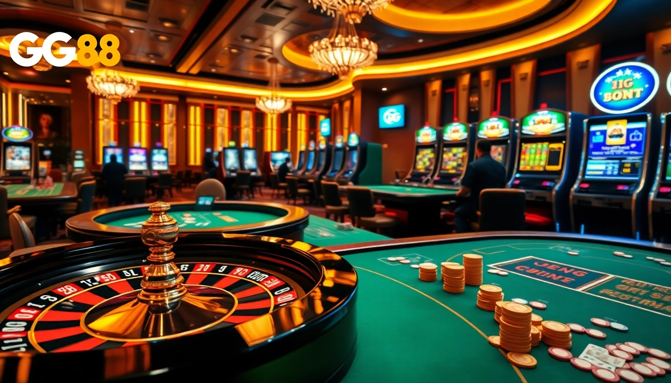 Exciting casino gaming scene with GG 88 branding, featuring roulette, poker, and vibrant slot machines.
