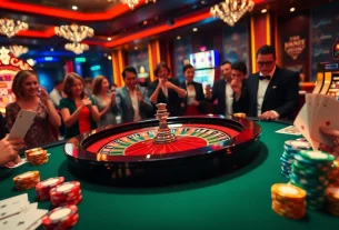 Exciting casino scene with CM88-themed roulette table, vibrant colors, and enthusiastic players