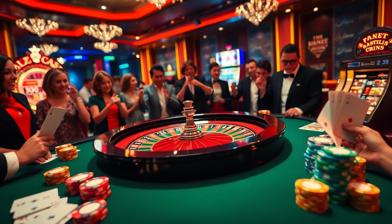 Exciting casino scene with CM88-themed roulette table, vibrant colors, and enthusiastic players