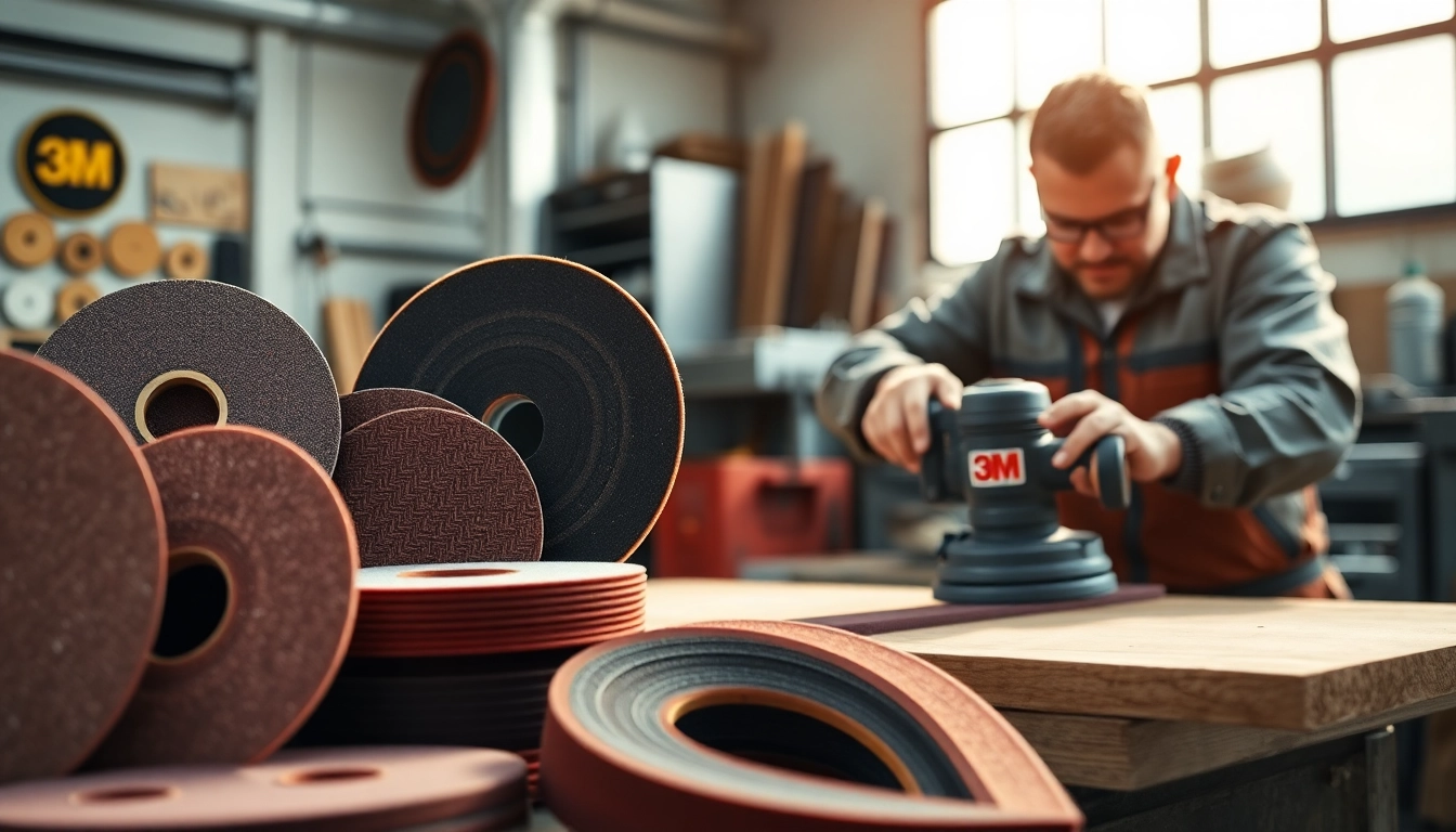 3M Schleifmittel, die in einer professionellen Werkstattumgebung ausgestellt sind und hochwertige Schleifmaterialien präsentieren.