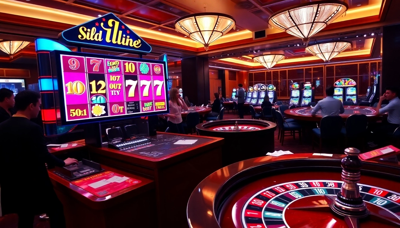Experience the excitement of Slot777 as players engage with vibrant slot machines in a luxurious casino.