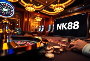 Experience winning at NK88 with vibrant casino visuals, poker tables, and spinning roulette.