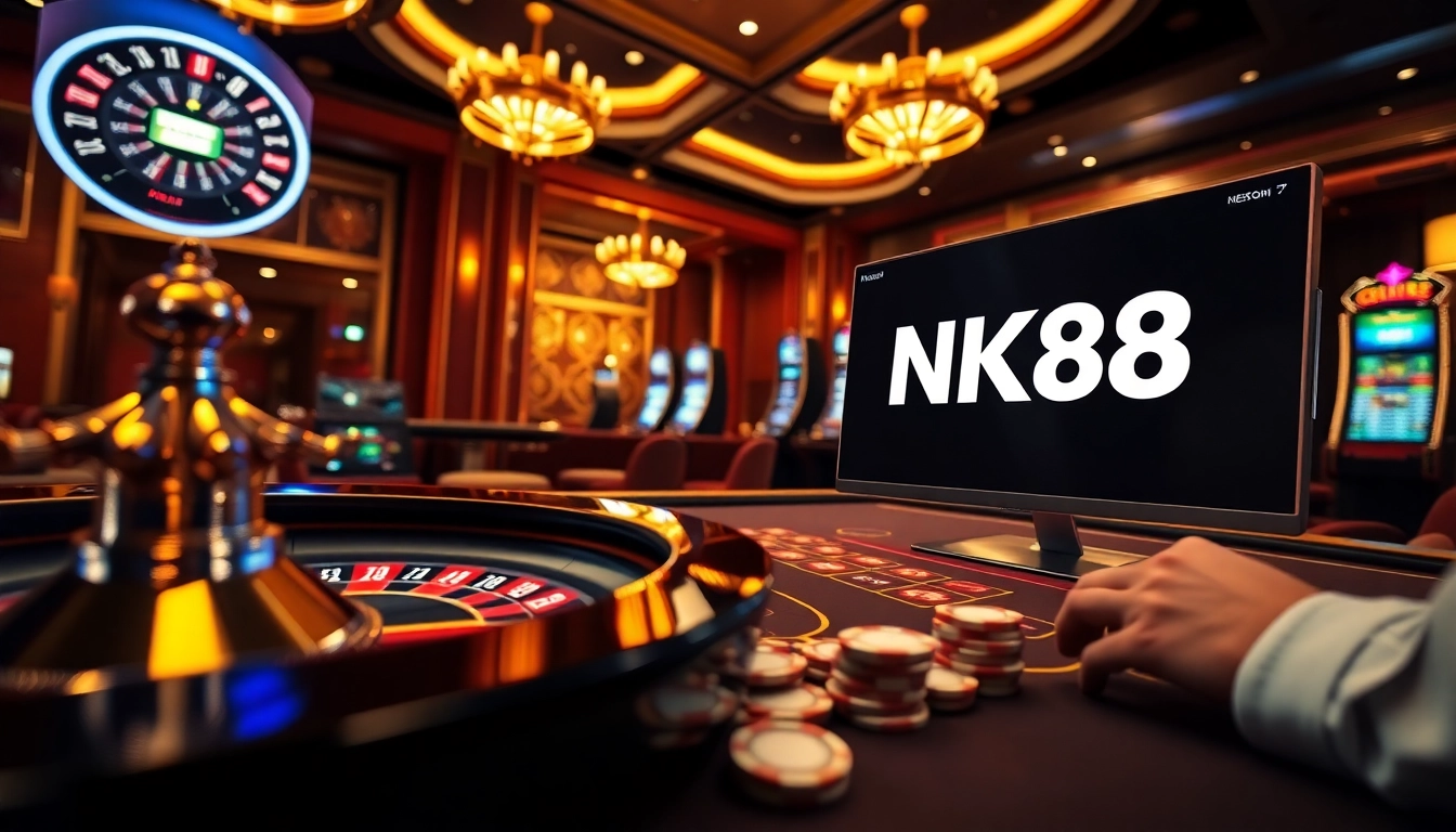 Experience winning at NK88 with vibrant casino visuals, poker tables, and spinning roulette.