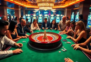 Truyên ma themed casino scene showcasing excitement at roulette and poker tables with engaged players.
