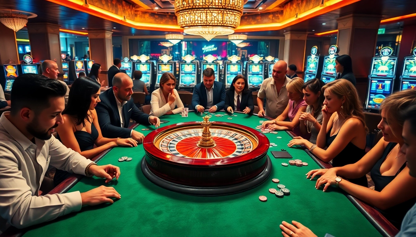 Truyên ma themed casino scene showcasing excitement at roulette and poker tables with engaged players.